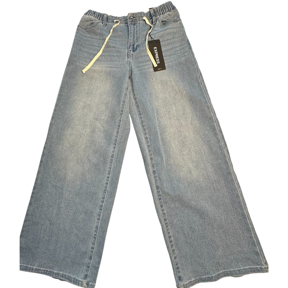 Express Wide Leg Jeans Womens S Light Wash Mid Rise Drawstring Denim NWT